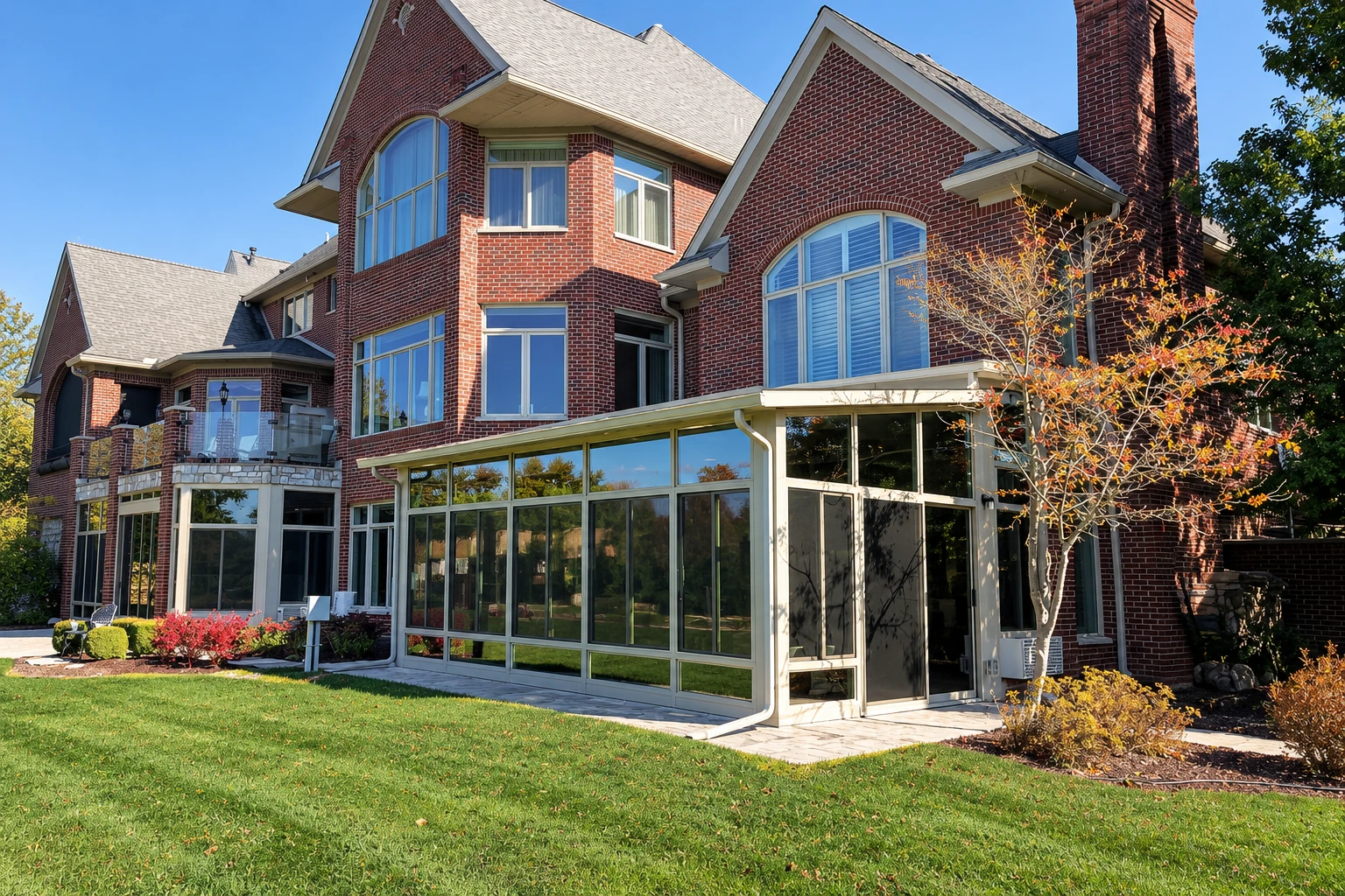 Red-brick home with a large glass-enclosed sunroom addition and a landscaped lawn.