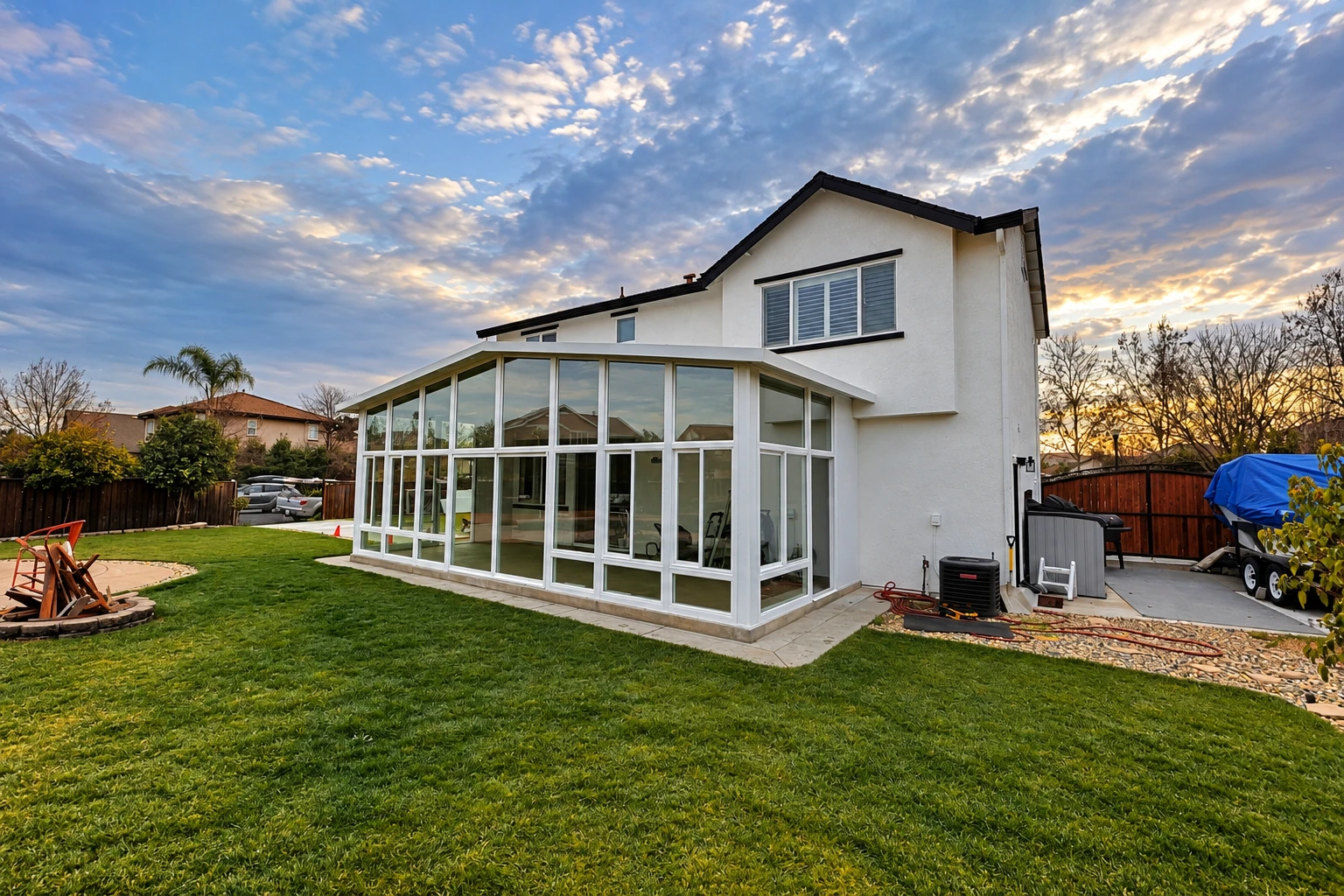 A custom glass sunroom extends from a white two-story house into a lawn beneath a cloudy evening sky.