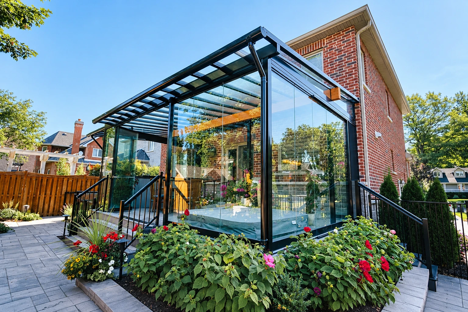 Custom sunroom with black framing and a glass roof attached to a red-brick house, opening onto a paved garden patio.