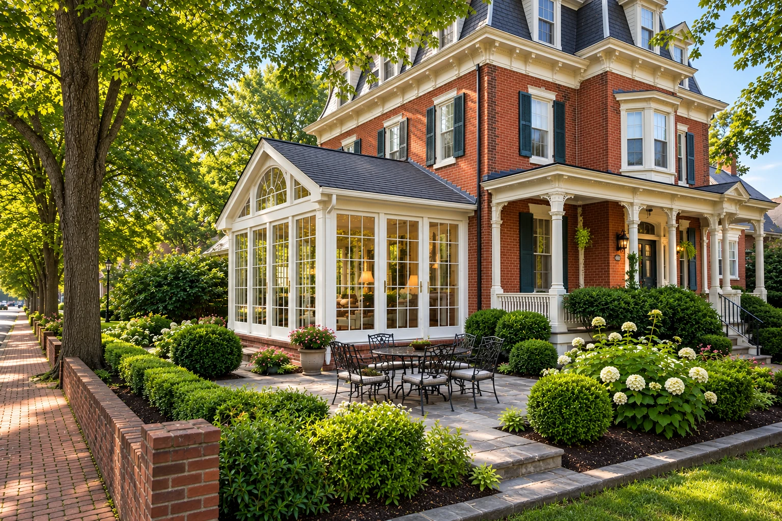 A white glass sunroom extends from a red-brick house, opening onto a landscaped patio with outdoor dining furniture.
