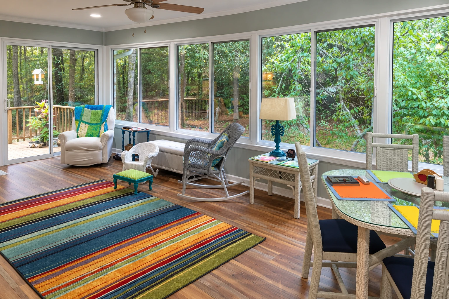 Furnished sunroom with floor-to-ceiling windows overlooking trees, colorful striped rug, and wicker seating.