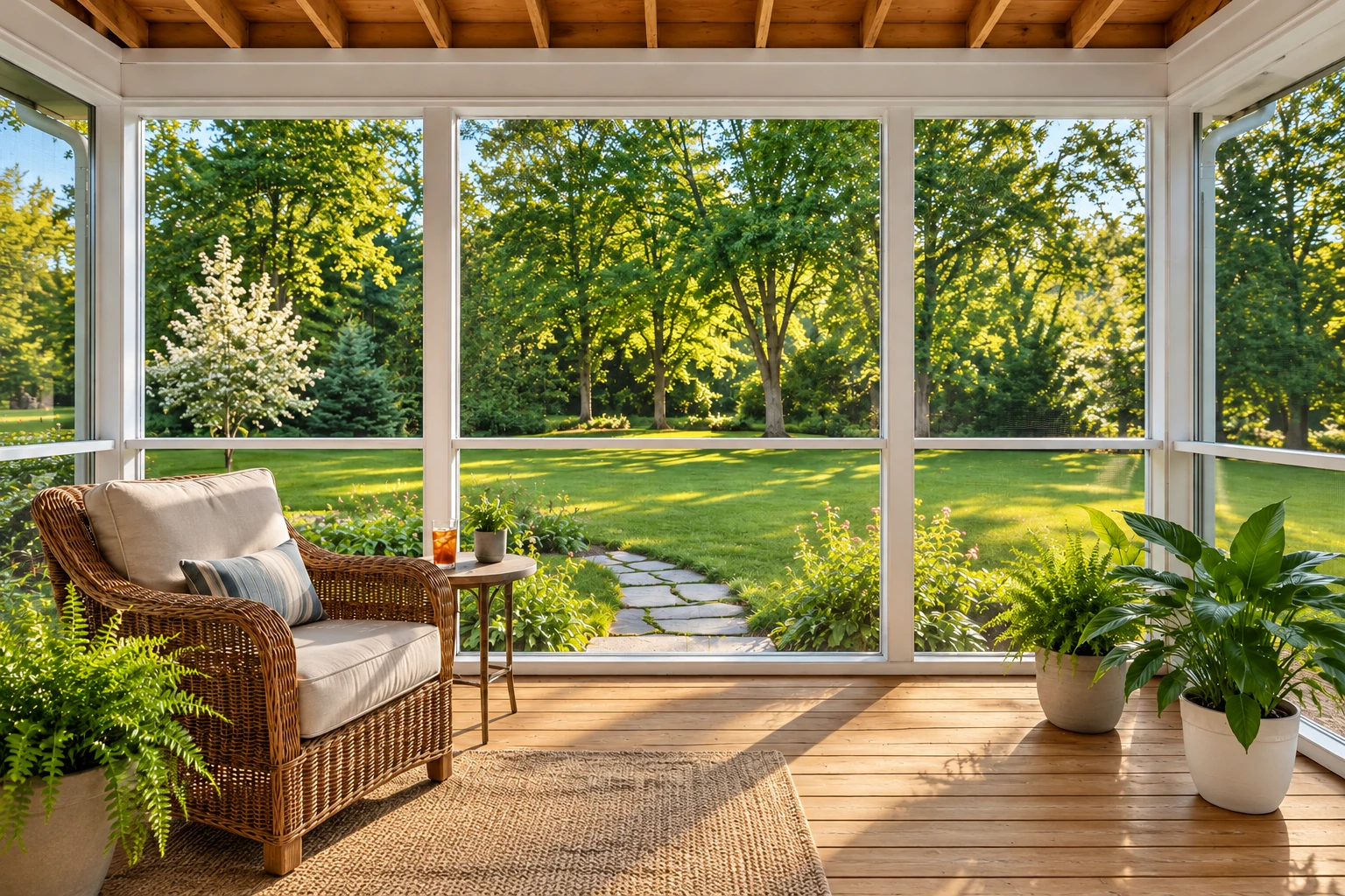 Enclosed patio room with white-framed windows, a wicker chair, and views of a green garden.