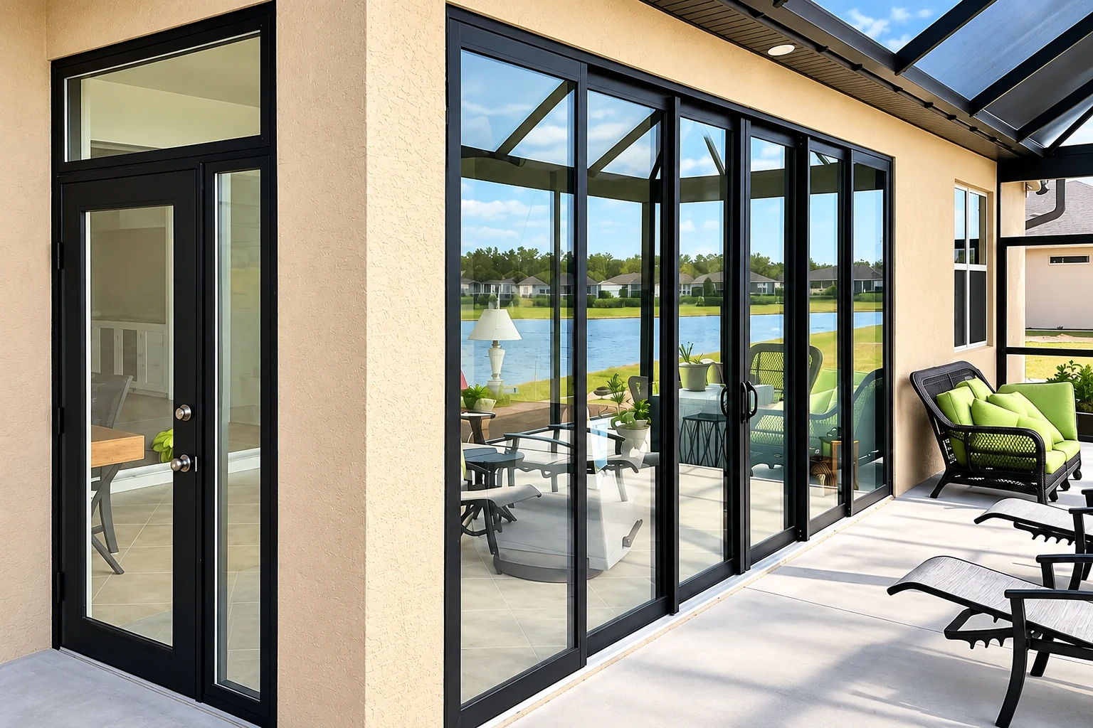 A four-season sunroom with black-framed glass doors opens onto a patio overlooking a pond.