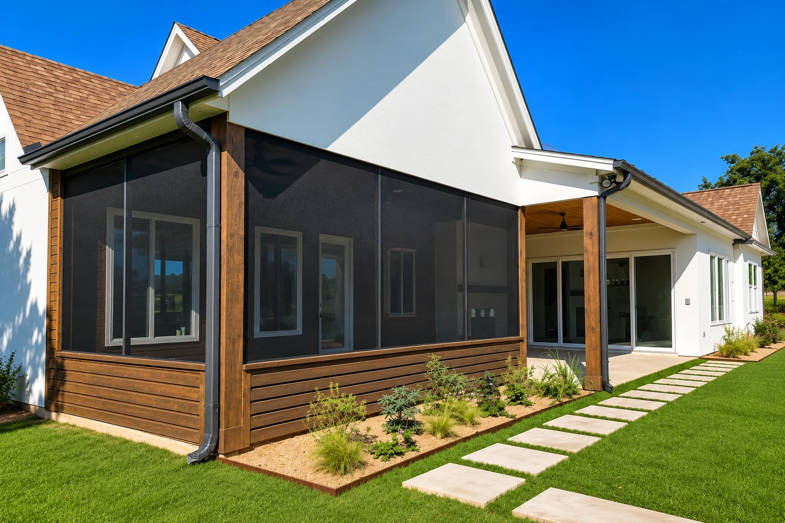 Patio enclosure with dark screens, timber posts, and a covered area beside a white house.