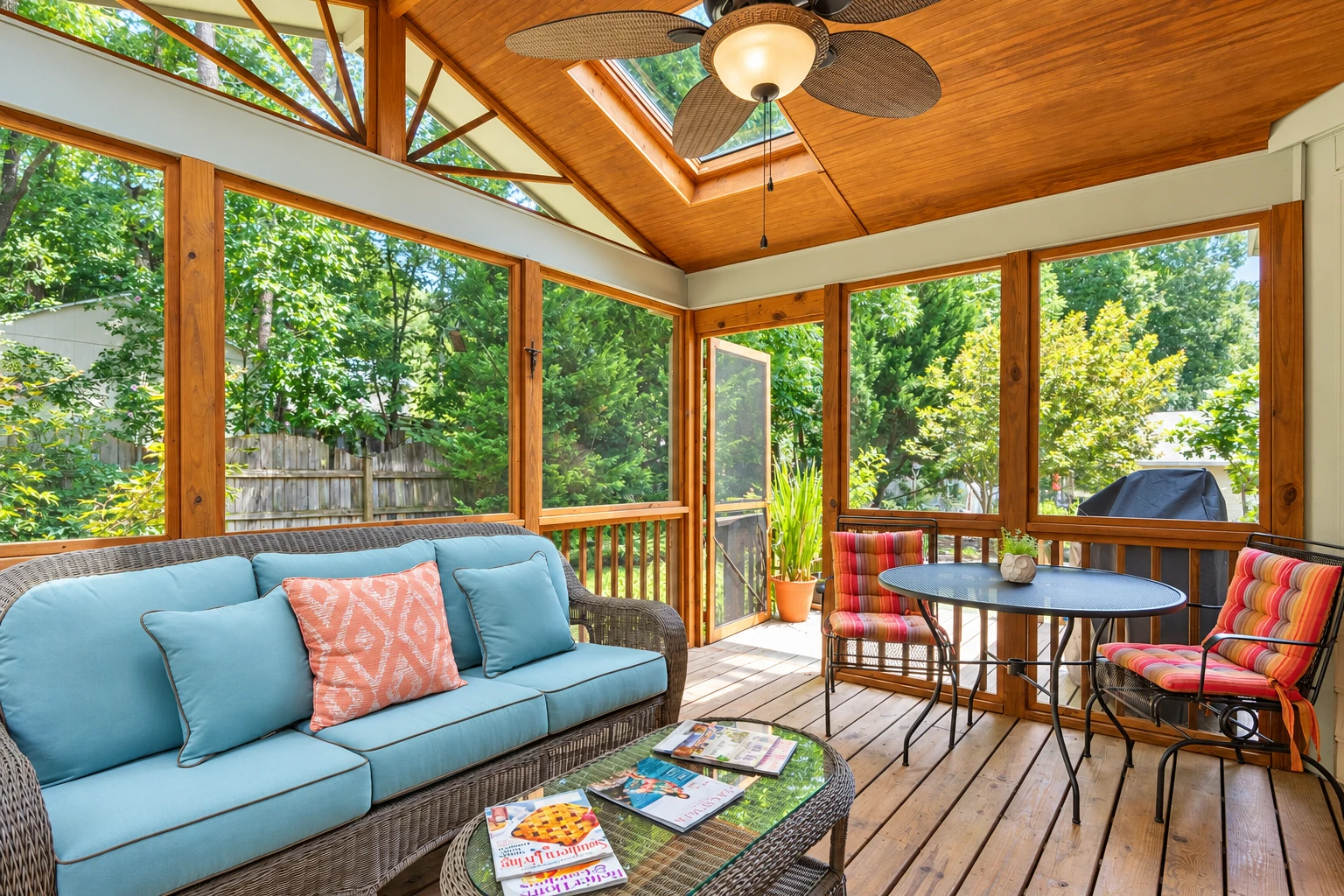 A wood-framed patio enclosure has large windows, a ceiling fan, and a seating area with a sofa and table.