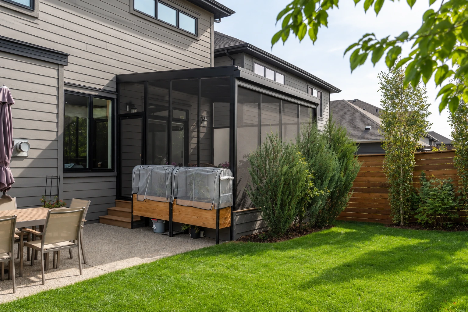 A dark-framed screened patio room with steps and raised planters stands beside a gray-sided house and lawn.