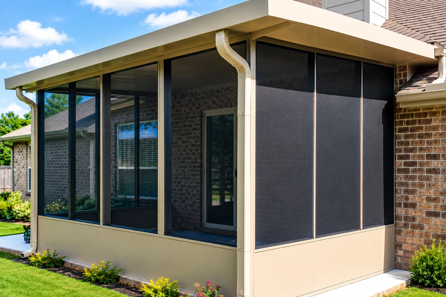 Patio enclosure with dark screened panels and a cream-colored frame beneath a broad roof beside a brick house.