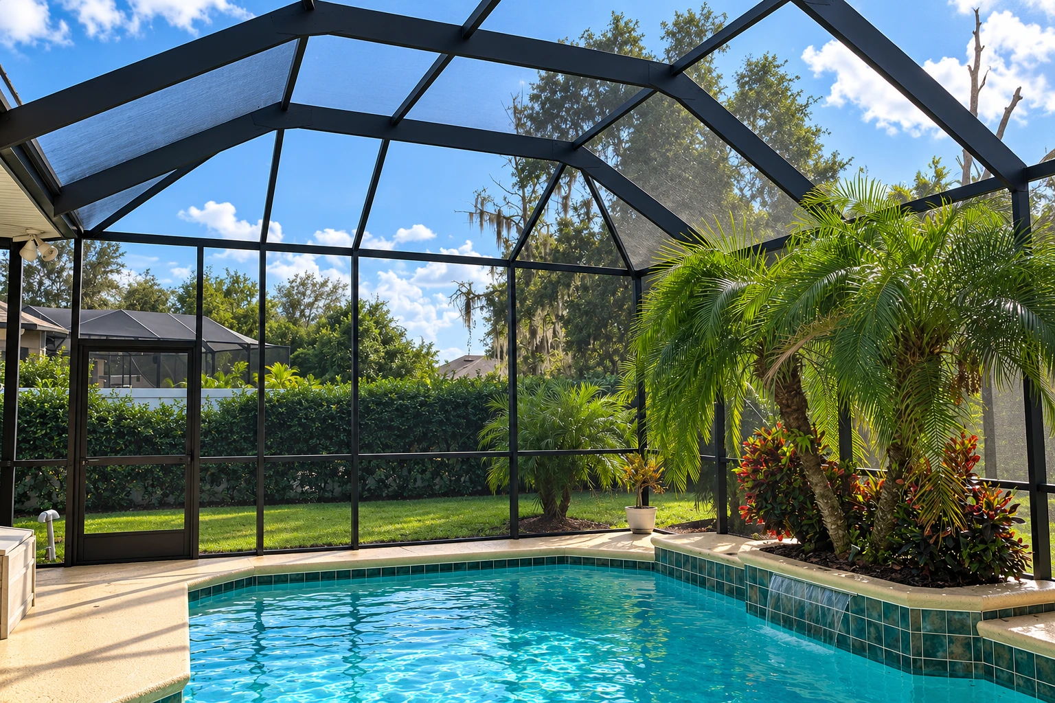 A black-framed screen enclosure surrounds a backyard swimming pool, with palms and greenery visible beyond the mesh.