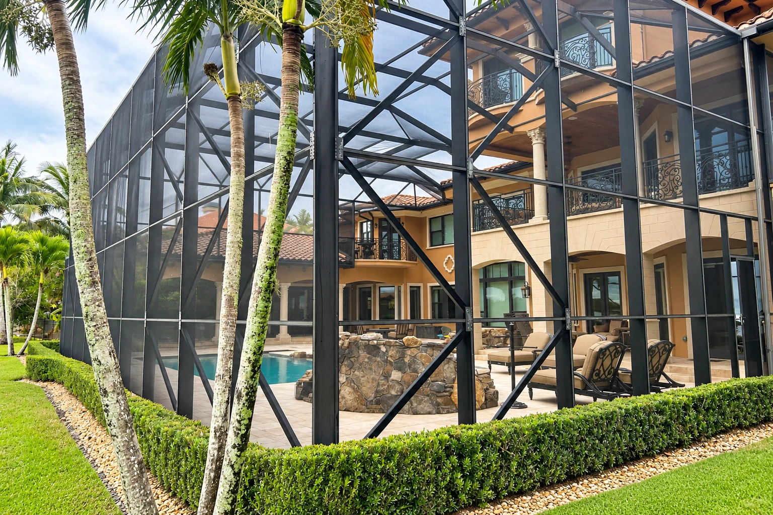 A large black-framed screen room encloses a patio and pool beside a tan house, with palm trees in the foreground.