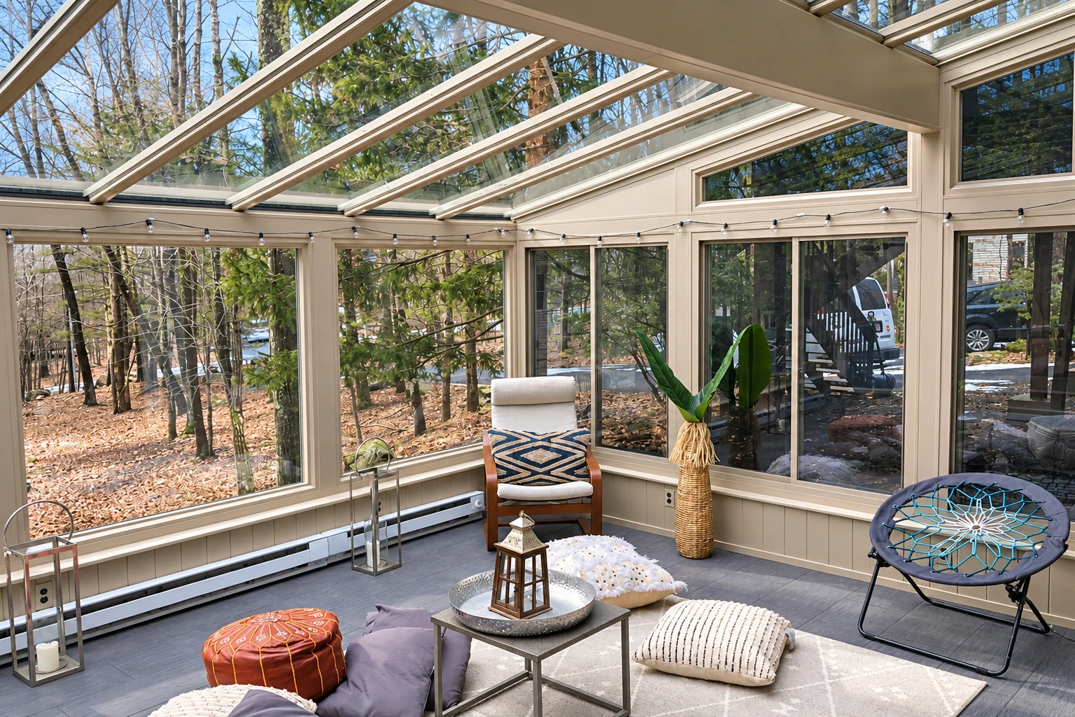 Solarium with a glass-paneled roof, large windows, and casual seating overlooking trees.