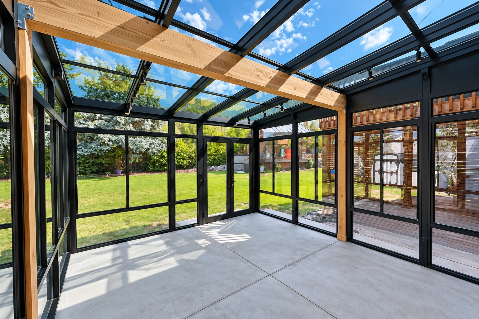 An empty solarium with black-framed glass walls and roof, timber beams, and views of a sunny lawn.