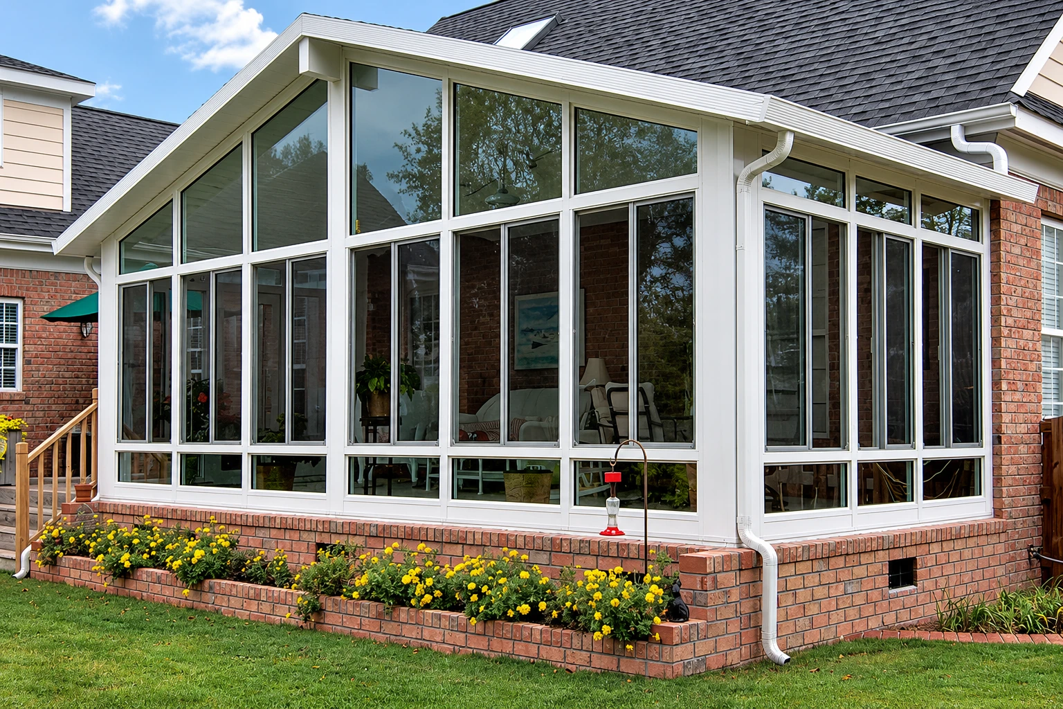 A white-framed sunroom addition with tall windows sits on a brick foundation beside a house, with yellow flowers in front.