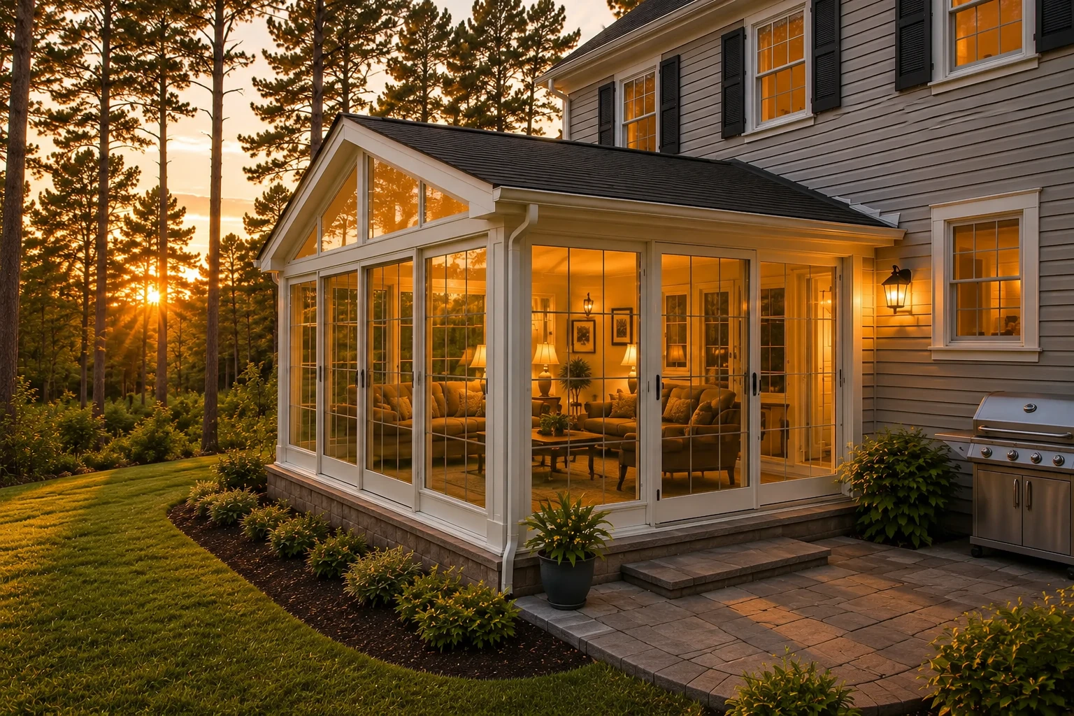 Sunroom addition with a gabled glass roof and sliding windows glowing warmly at sunset beside a house and patio.