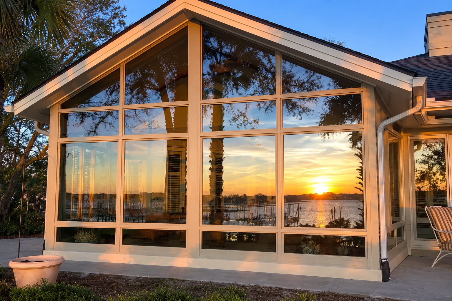 A white-framed sunroom with a steep triangular glass facade reflects a sunset over the water.