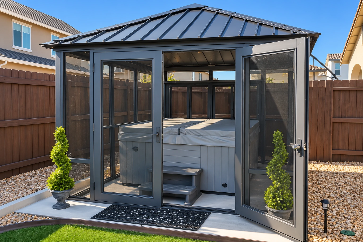 Freestanding sunroom with dark-framed glass doors enclosing a hot tub in a fenced yard.