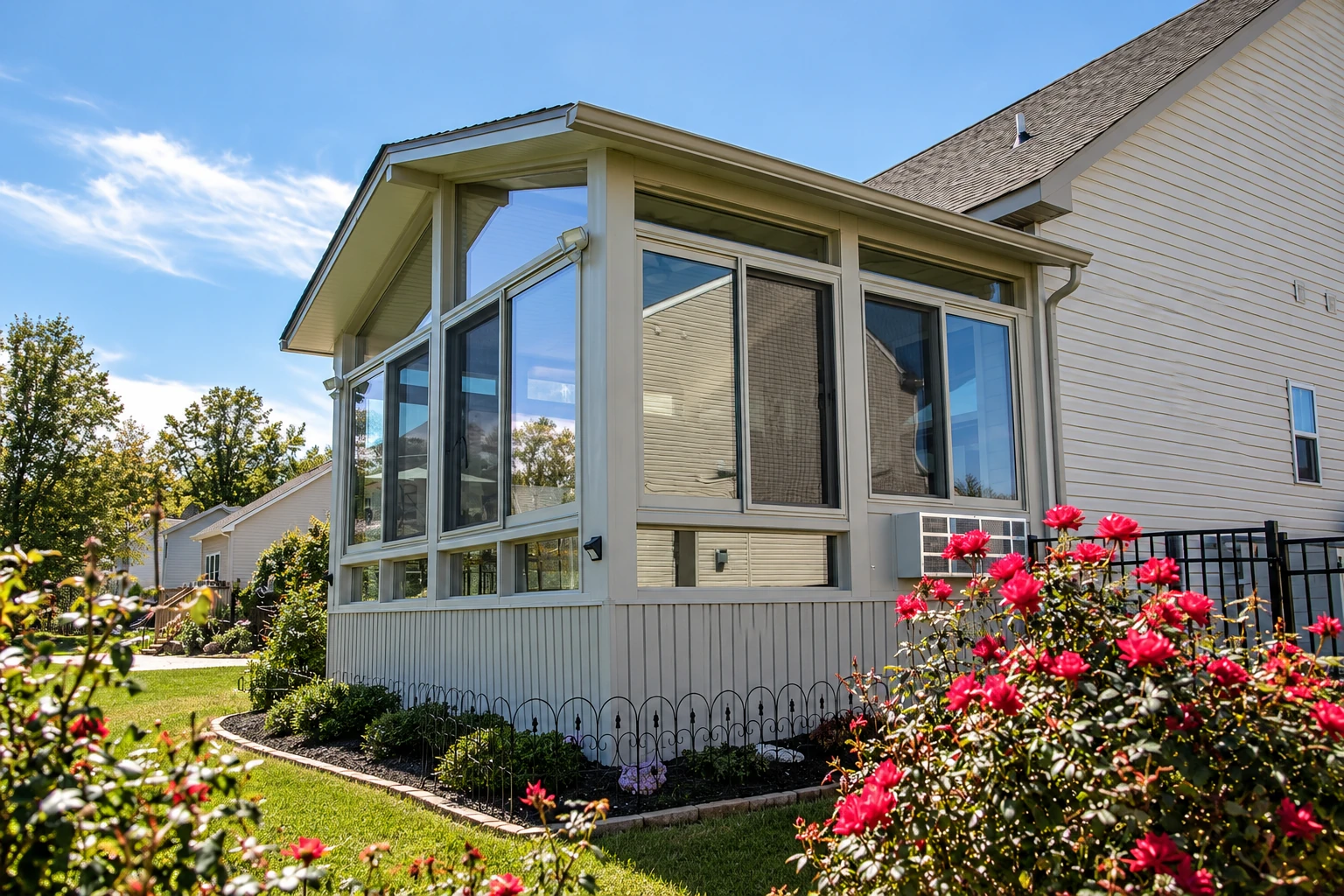 Three-season sunroom with white framing and tall windows attached to a light-sided house, surrounded by flowering garden beds.