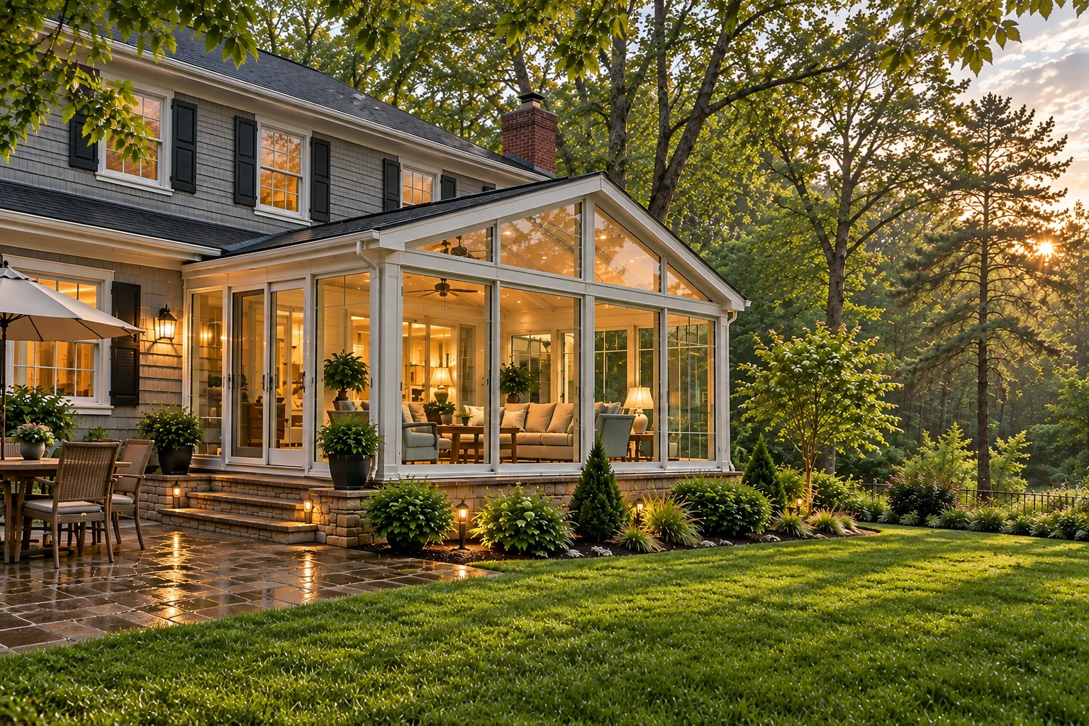 A white-framed glass sunroom extends from a gray two-story house, with warm interior lights and a wooded garden at sunset.